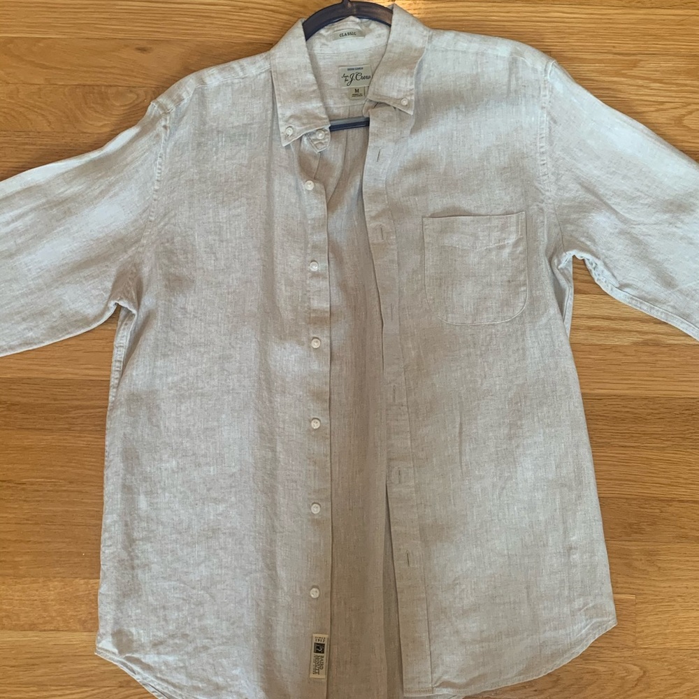 J crew oatmeal tan linen button up shirt